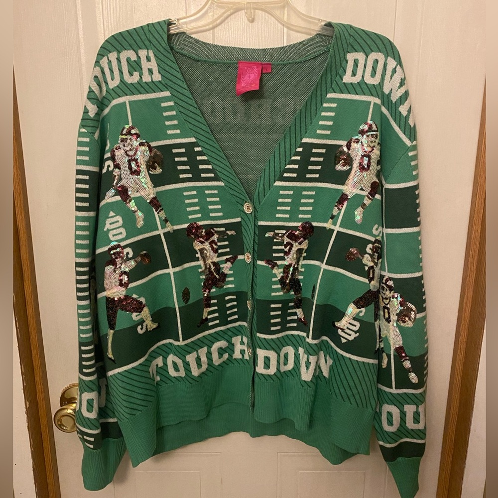 QUEEN OF SPARKLES Green Sequin Football Touchdown Cardigan - Picture 3 of 16